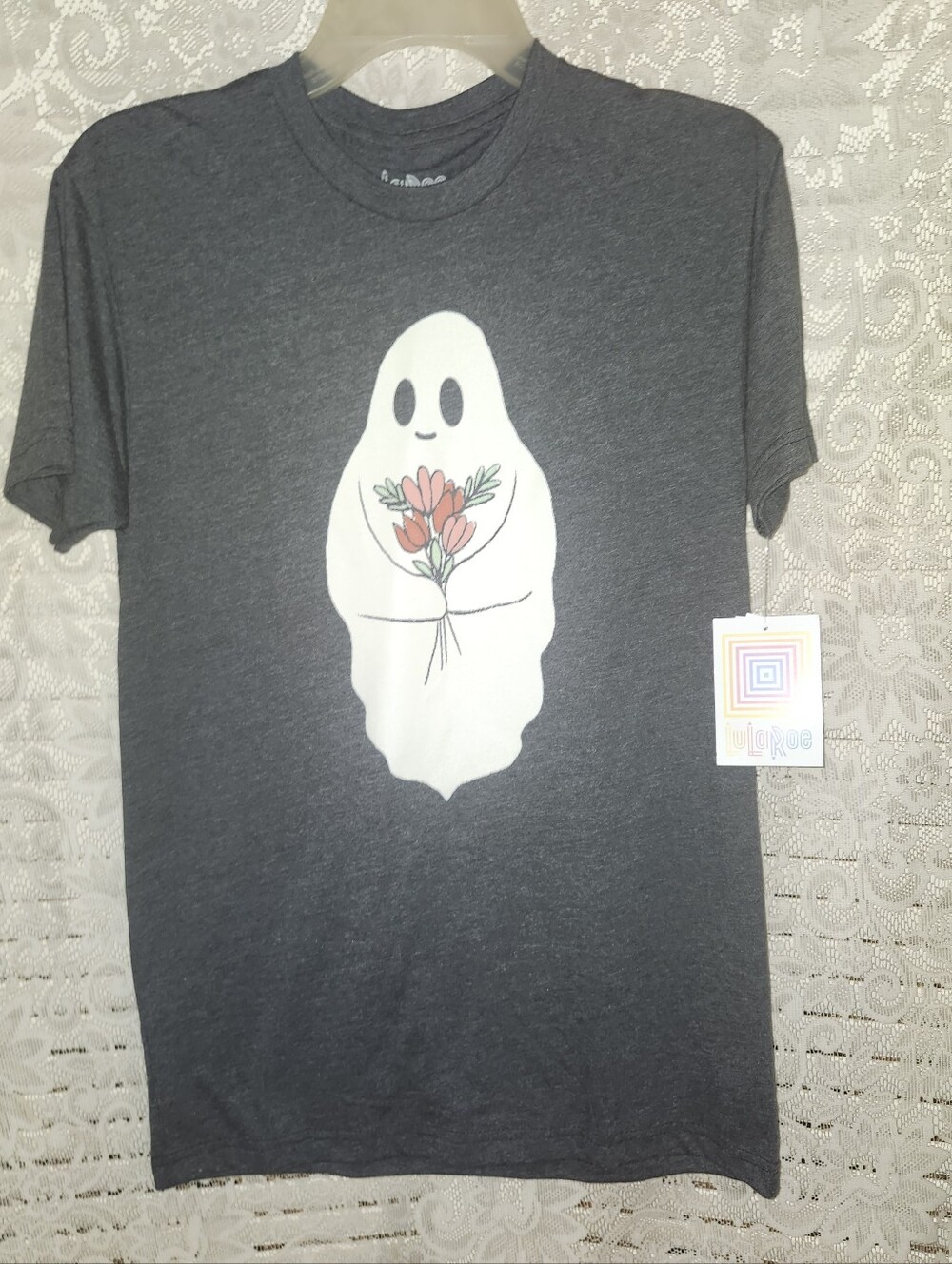 LuLaRoe Womens Charcoal Tee with White Ghost & Pink Bouquet